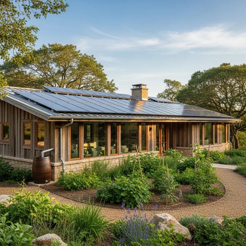 Custom home set in nature, showcasing sustainable building strategies and eco-friendly features